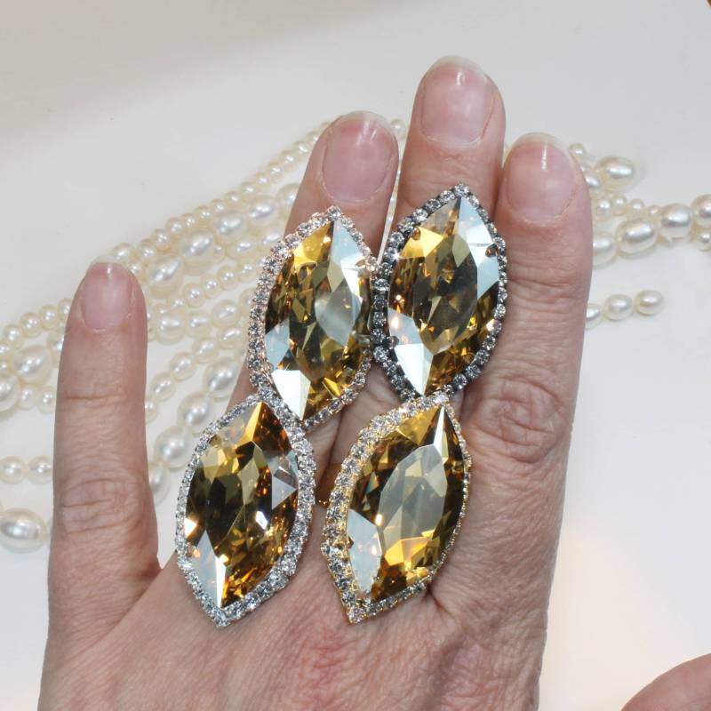 Kristall Ring Einstellbar Verstellbar Marquise Cut Statement Champagne Cocktail Brautschmuck, Golden Shadow, Sor66 von TIMATIBO