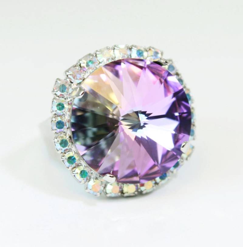 Lila Aqua Ring Verstellbarer Violett Ab Statement Cocktail Lavender 18mm Rivoli European Crystal Silver, Sr48 von TIMATIBO