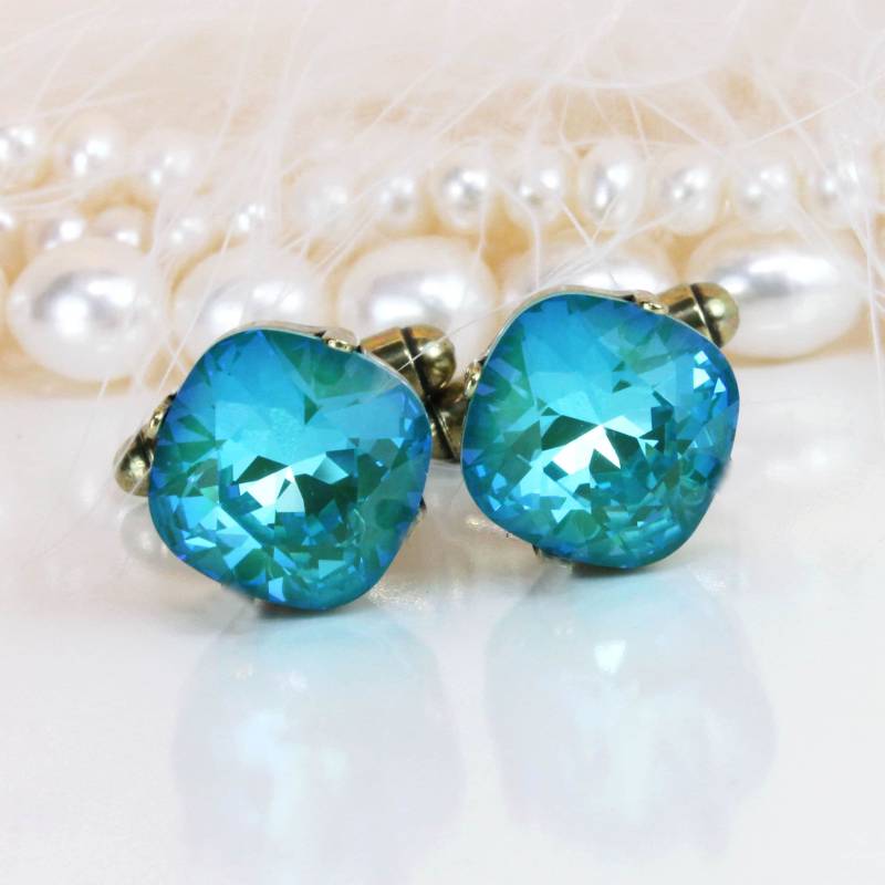 Manschettenknöpfe Blau Grün Kristall Trauzeugen Bestman Geschenk Frauen Männer Manschettenknopf Vater Der Braut, Hochzeit Schmuck, Messing, Laguna von TIMATIBO