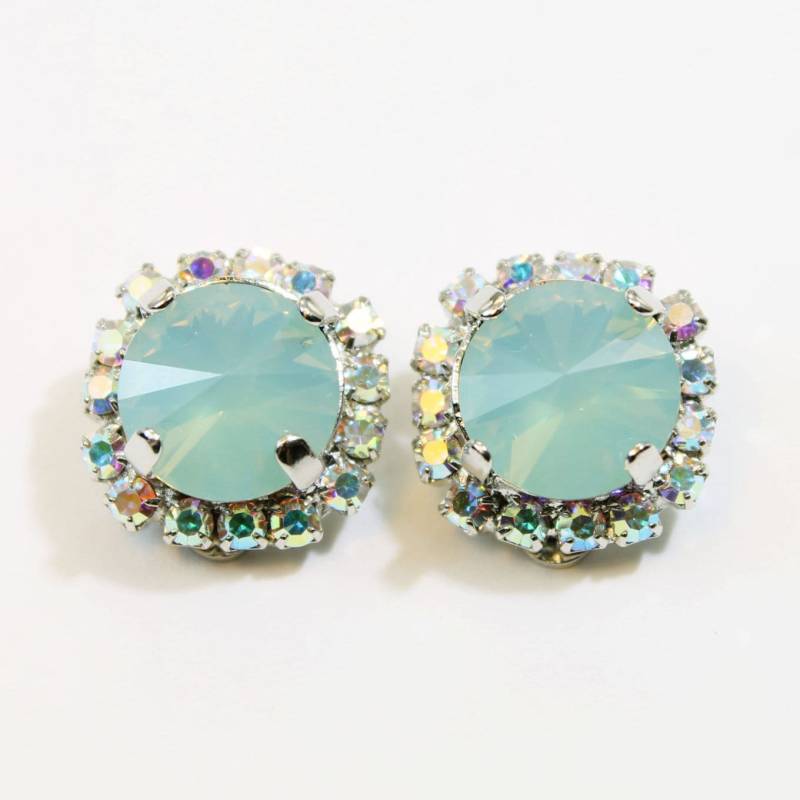 Mint Ohrclips European Crystal Green Seafoam Ab Halo Strasssteine, Brautjungfern Minze Hochzeit, Silber, Pacific Opal, Se97 von TIMATIBO