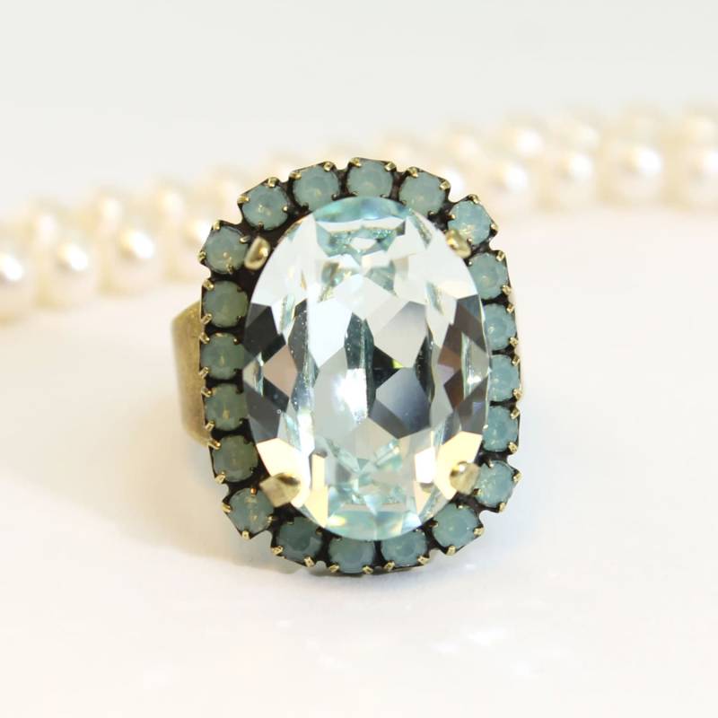 Mint Ring, Ice Blue Verstellbarer Grün Und Blau Oval Cocktail Statement Hochzeitsschmuck, Messing, Light Azore, Br39 von TIMATIBO