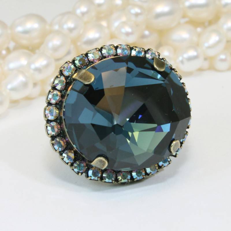 Navy Blue Ring Cocktail European Kristall Statement Oversize Einstellbar Ab Halo Nautilus Cut, Messing, Br49 von TIMATIBO