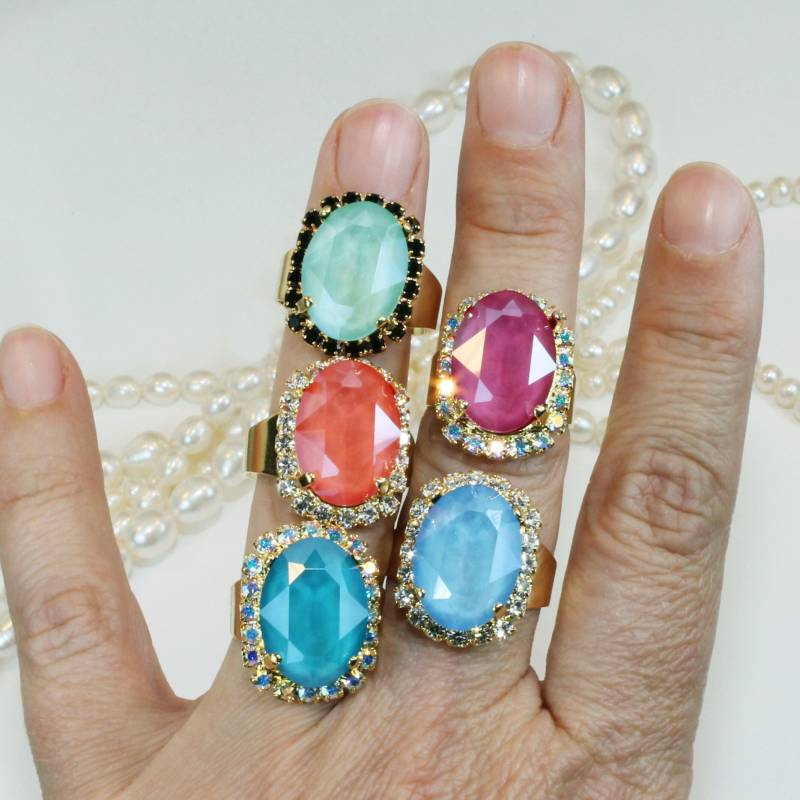 Oval Ring Opal Kristall European Pastell Cocktail Brautring Entwerfen Sie Ihre Eigenen Verstellbaren Statement Ring, Hochzeitsschmuck, Gr39 von TIMATIBO