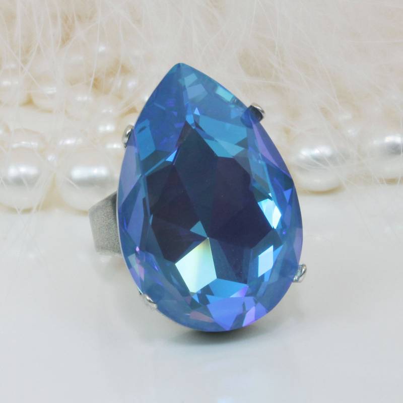 Ozean Blau Ring Oversize European Kristall Braut Cocktail Etwas Teardrop Einstellbar Strand Hochzeit, Silber, Ocean Delite, Sr61 von TIMATIBO