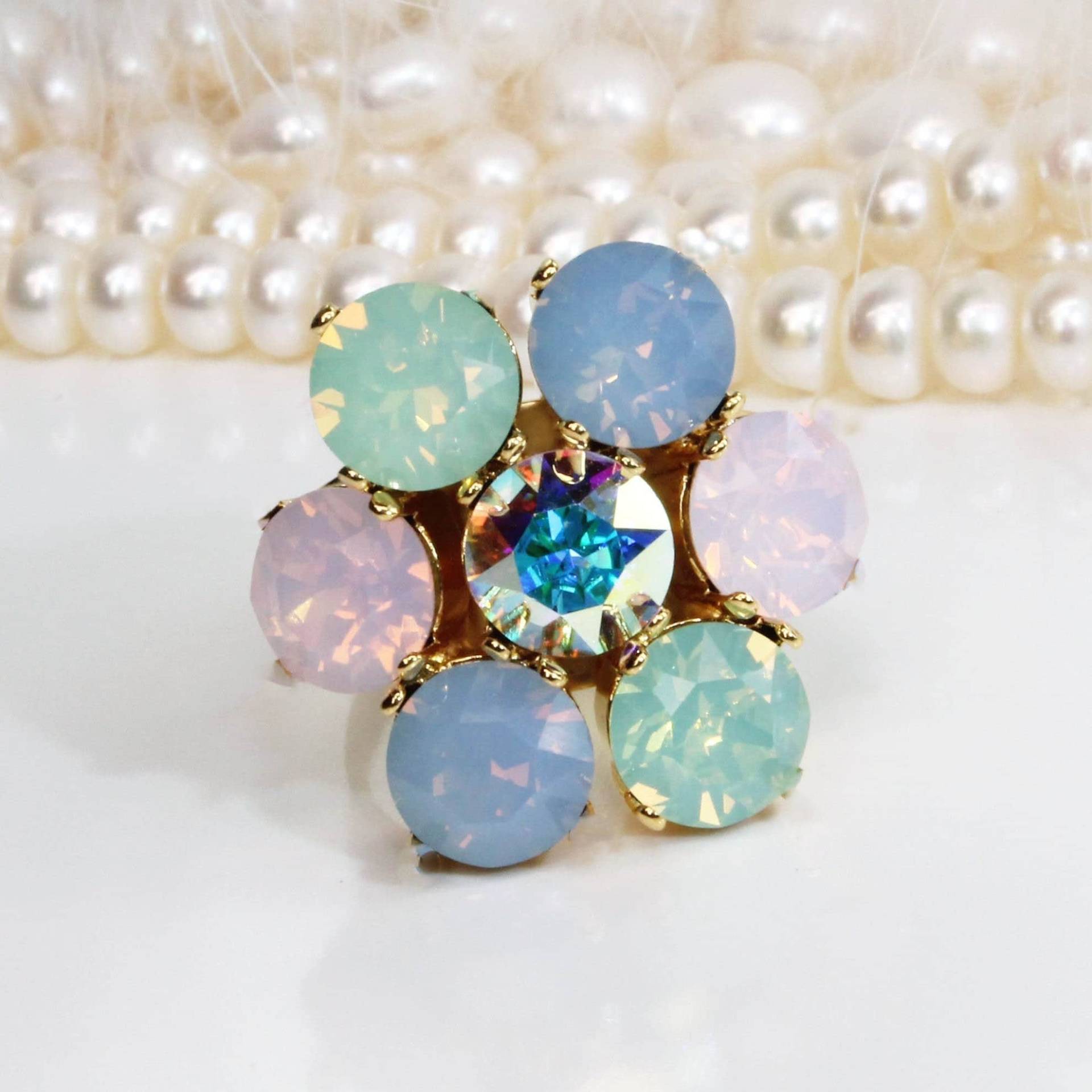 Pastell Ring Bunte Regenbogen European Kristall Opal Blume Einstellbar Oversize Brautjungfern Geschenk Hochzeit Bühne Ziehen Schmuck 8 Mm, Gold, Gr71 von TIMATIBO