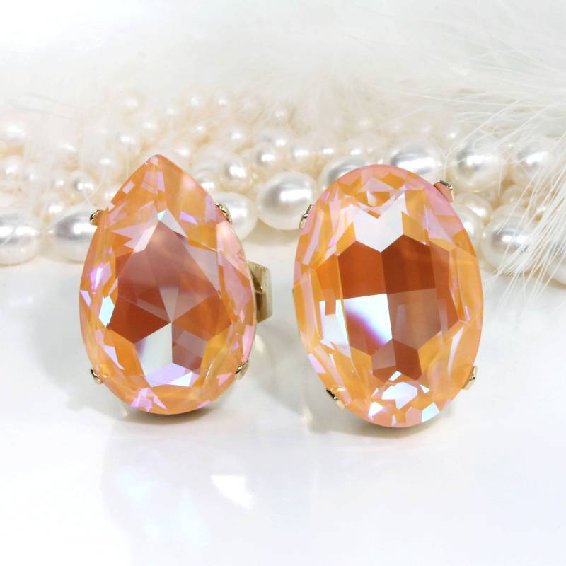 Pfirsich Ring European Kristall Cocktail Lachs Licht Orange Einstellbar Statement Bling Oversize Brautschmuck Hochzeit, Pfirsich Delite, Gold, Gr62 von TIMATIBO