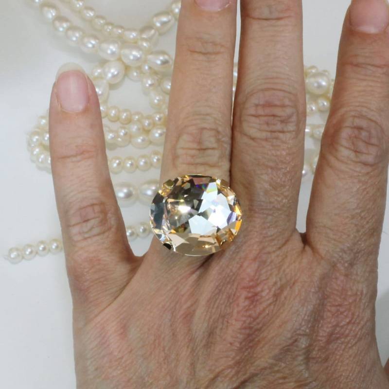 Pfirsich Ring Kristall Braut Brautring Champagner Kristallklar, Goldfarbe, Seide Gr51 von TIMATIBO