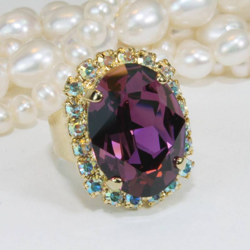 Pflaume Cocktailring Amethyst Lila Brautring Kristall Ab Verstellbare Oval Ring Brautjungfer Hochzeit, Gold, Gr39 von TIMATIBO