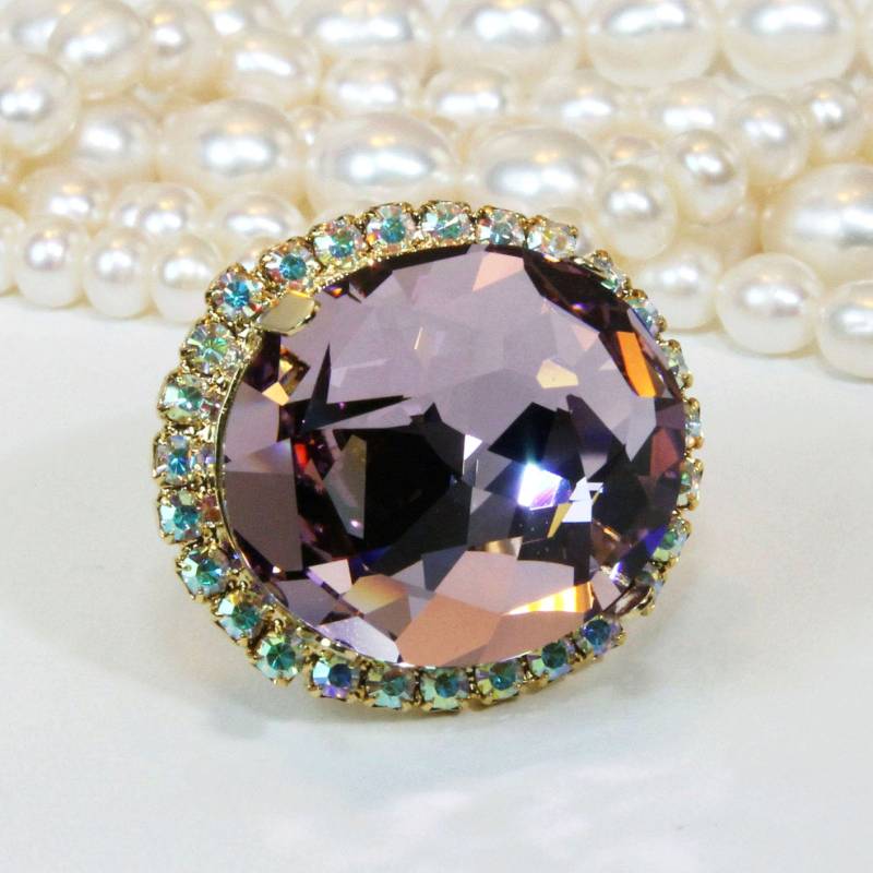 Pflaume Lila Cocktailring Kristall Oversize Ring Einstellbar Leicht Amethyst Ab Halo Statement Nautilus European, Gold, Gr49 von TIMATIBO