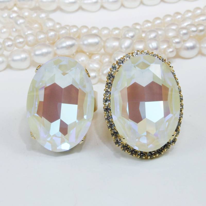 Ring Elfenbein Creme Braut Hochzeit Beige Milchig Weiß Statement European Kristall Oversize Cocktail Einstellbar Oval, Gold, Grau Delite, Gr62 von TIMATIBO