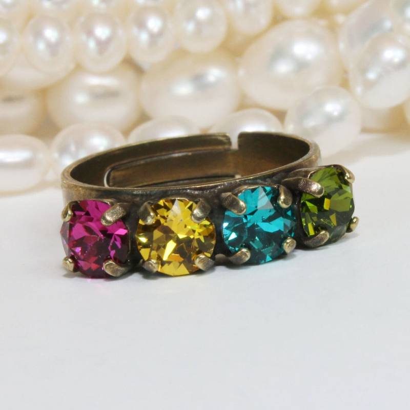 Ring Multicolor Regenbogen Verstellbare Bunte Strasskristallringe Fuchsie Teal Gelb Mehrfarbiger Cocktailring 6mm Ring, Messing, Br6 von TIMATIBO