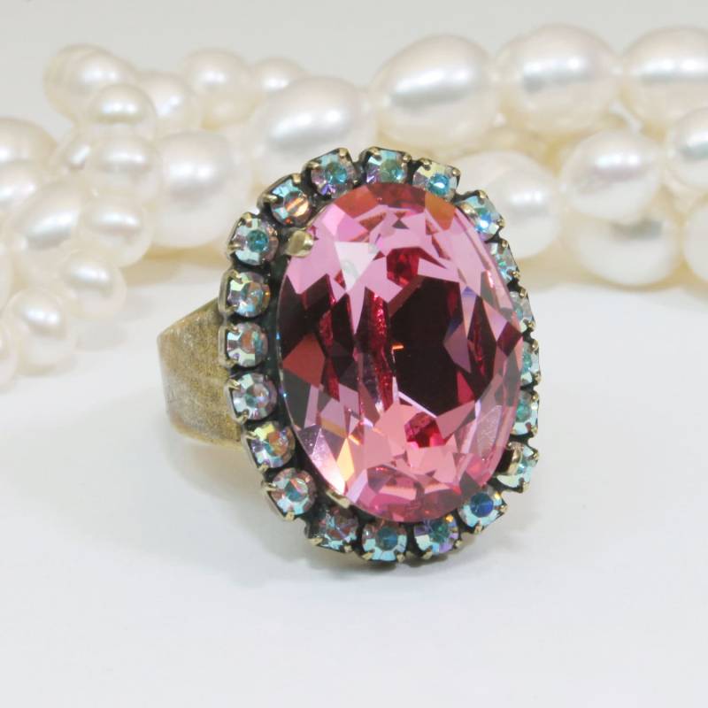 Rosa Cocktailring Kristall Ring Pink Ab Oval Oval von TIMATIBO