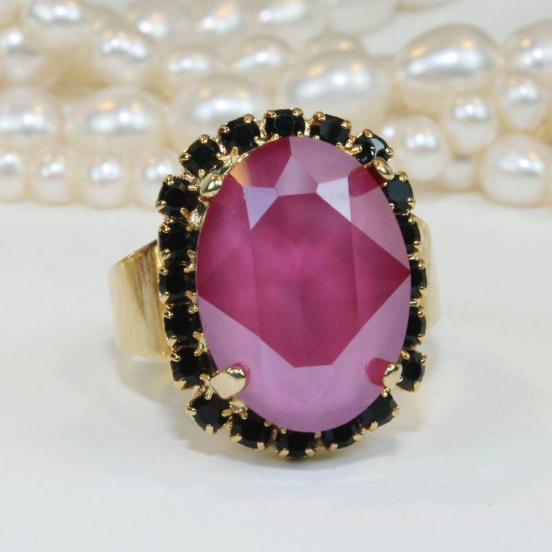 Rosa Schwarzer Ring Magenta Opal Kristall Valentinsgeschenk Schwarz Cocktail Brautring Einstellbar, Ab Oval, Gold, Pfingstrose, Rosa, Gr39 von TIMATIBO