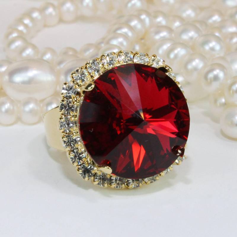 Roter Ring Scarlet Weinrot Kristall Cocktail Braut European Rot Orange Statement Einstellbare Klar Halo 18 Mm Rivoli, Gold, Scarlet, Gr48 von TIMATIBO