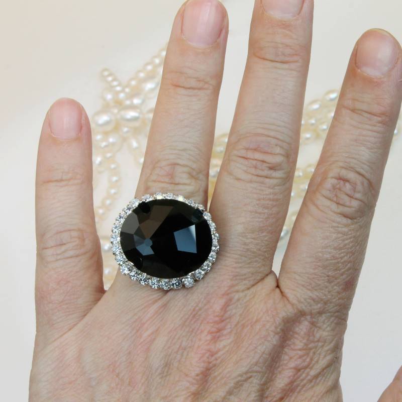 Schwarzer Kristall Schwarz Braut Ring Einstellbar Hochzeit Schwarz, Klar Halo, Nautilus Cut, Silber, Sr49 von TIMATIBO