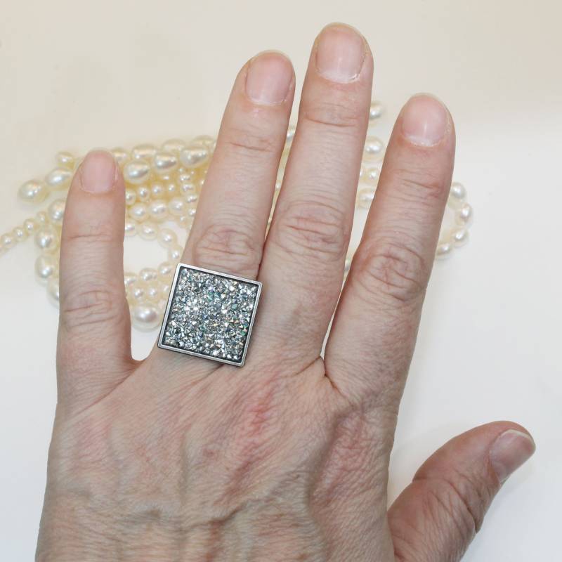 Silber Ring Cocktail Quadrat Oversize European Kristall Rock Einstellbar Braut Statement Funkelnd Ehering, Ant.silver, Silber Chrom, Sor68 von TIMATIBO