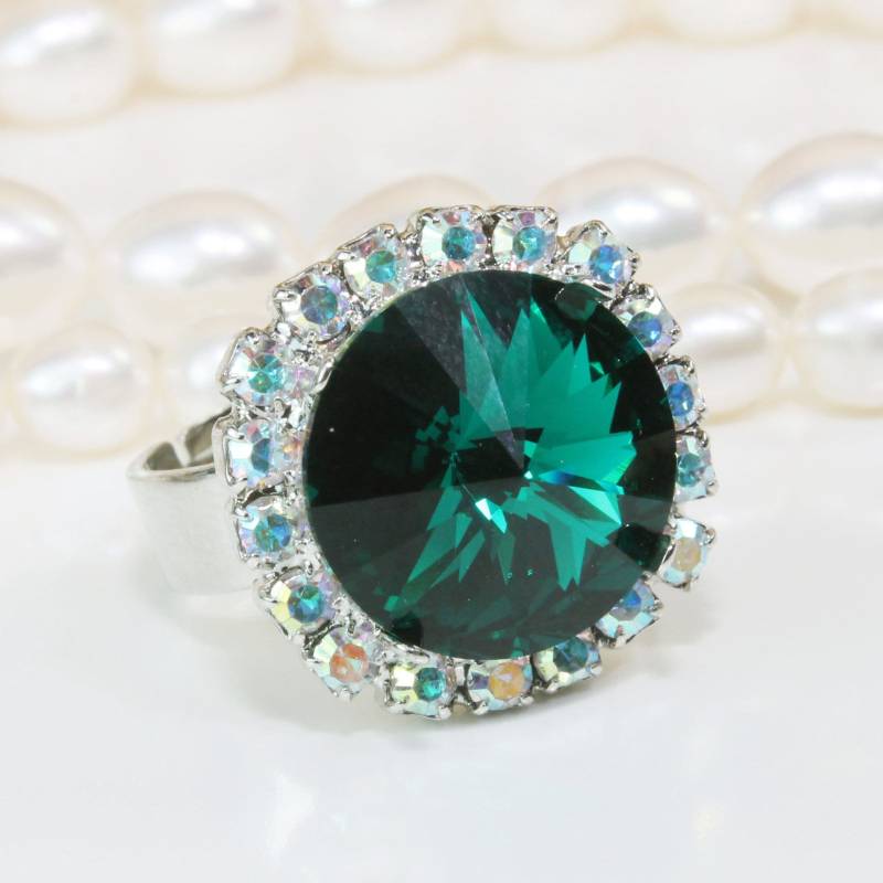 Smaragd Ring Smaragdgrün Cocktail-Ring European Kristall Braut Einstellbar Hochzeit Ab Halo 14mm Rivoli, Silber, Smaragd, Gr55 von TIMATIBO
