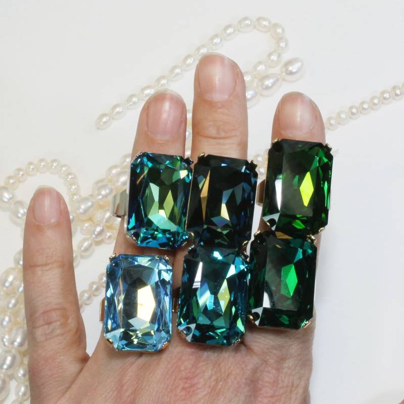 Statement Kristall Ring Blau Grün Oversize Big Stone Cocktail Teal Für Männer Braut Verstellbarer Rechteckring, Gr59 von TIMATIBO