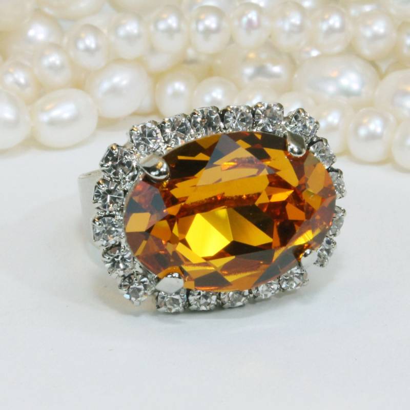 Topas Ring Gelber Cocktail European Kristall Hochzeit Klar Halo Einstellbares Oval Statement Silber, Topas, Sr46 von TIMATIBO