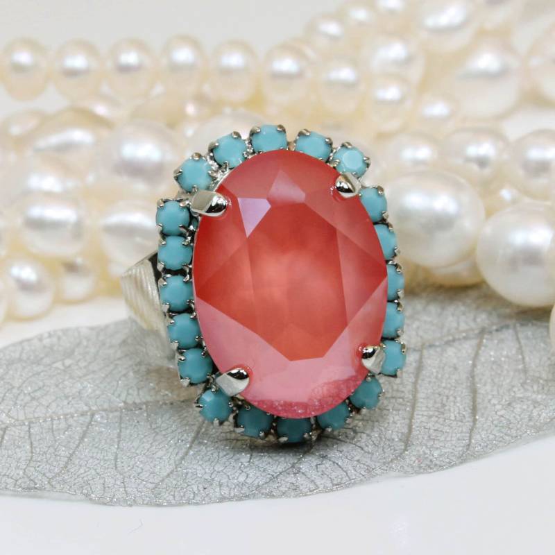 Türkis Koralle Ring Kristall Kristall, Hell Braut Verstellbar, Oval Ring, Hochzeit, Brautjungfer Geschenk, Silber, Sr39 von TIMATIBO