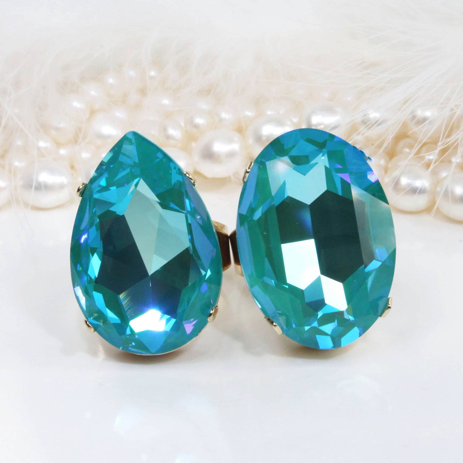 Türkis Kristall Ring, Großer Stein Blau Grün Cocktail Verstellbarer Ring Für Männer, Edelstein Pfau Hochzeit, Laguna Delite, Gr62 von TIMATIBO