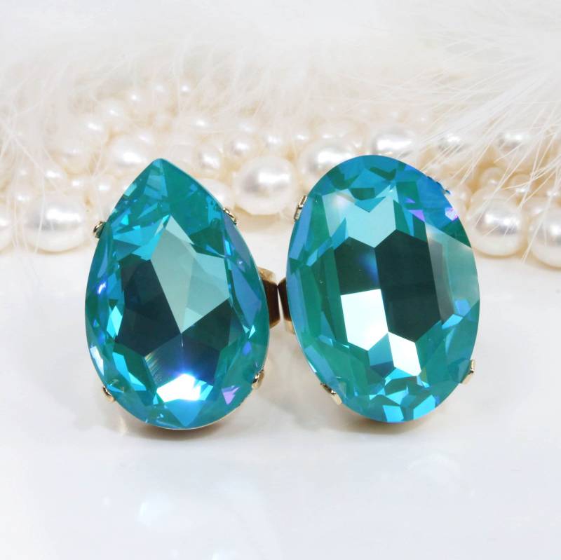 Türkis Kristall Ring, Großer Stein Blau Grün Cocktail Verstellbarer Ring Für Männer, Edelstein Pfau Hochzeit, Laguna Delite, Gr62 von TIMATIBO