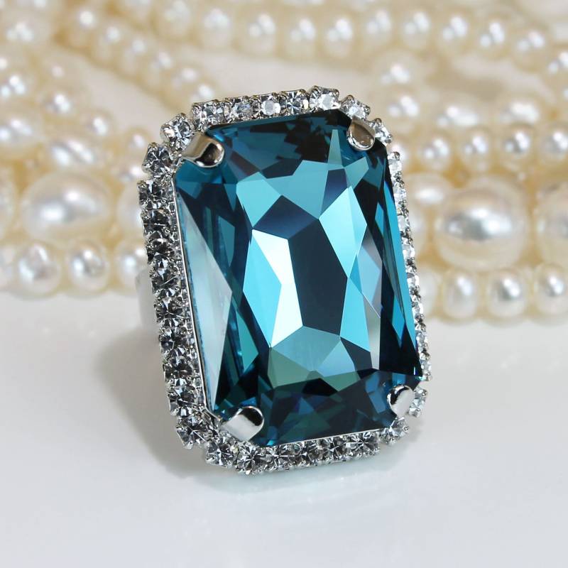 Türkis Ring Pfau Kristall Braut Statement Oversize Rechteck Verstellbarer Türkisring Hochzeit Pfau, Silber, Indicolite, Sr65 von TIMATIBO