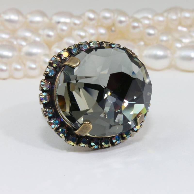 Übergroßer Schwarzer Diamant Wie Ring, Cocktail Statement Grauer Kristallring, Diamantring, April Birthstone Schmuck, Großer Stein, Br49 von TIMATIBO