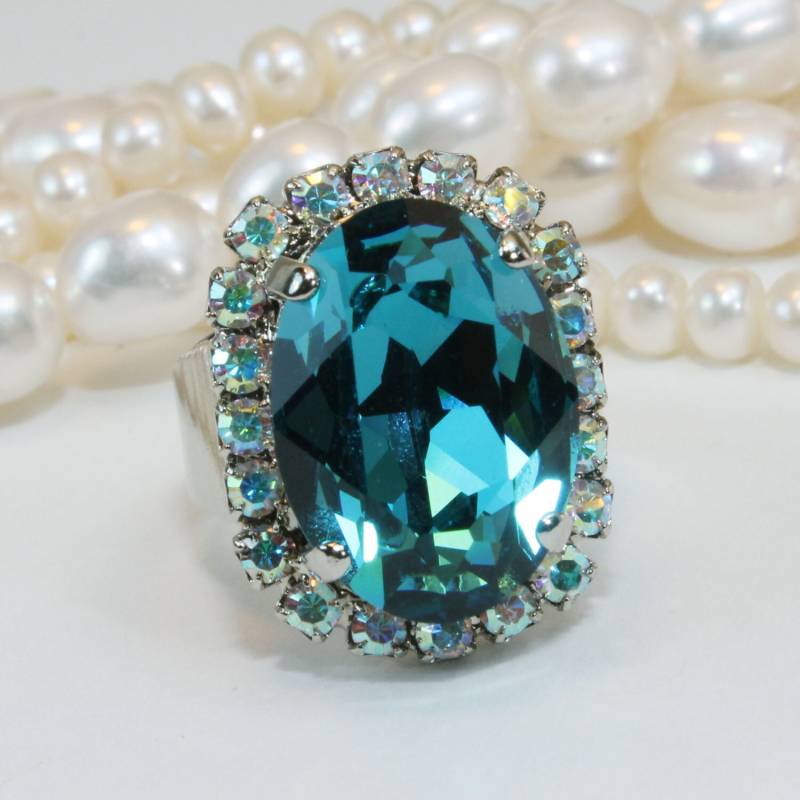 Verstellbarer Ring Pfau Blau Blau Türkis Kristall Ab Ovaler Ring, Versilbert, Sr39 von TIMATIBO