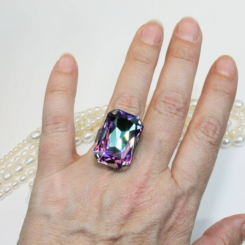 Vitrail Licht Ring, Aqua Lila Cocktail Großer Stein Kristall Smaragdschliff Rechteck Festival Schmuck, Sr59 von TIMATIBO