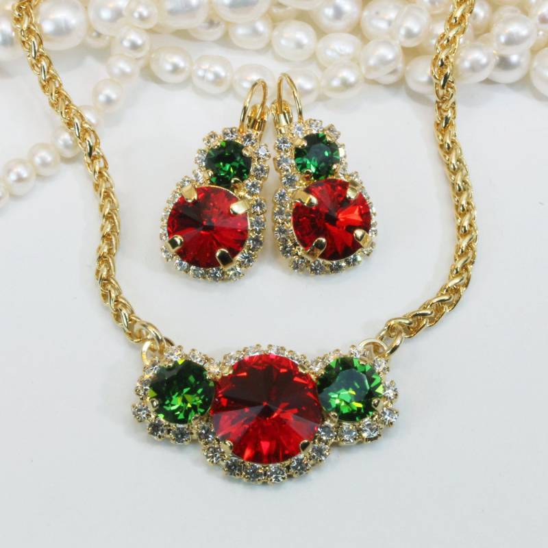 Weihnachtsschmuck Set, Rote Und Grüne Halskette, Weihnachtsgeschenk Für Sie, Festliche Ohrringe, Cocktailringe, Strassohrringe Gn80 von TIMATIBO