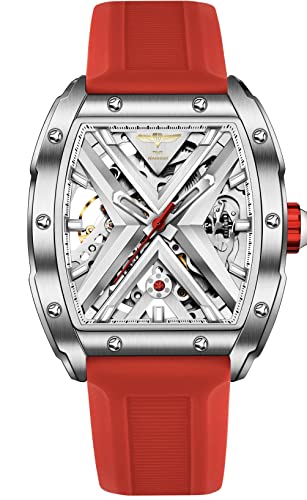 TIME WARRIOR Herren Skelett Automatikuhr Edelstahlgehäuse Saphirglas Rot Uber Band Uhr für Männer, Taucher, mechanisch, Automatikuhr von TIME WARRIOR