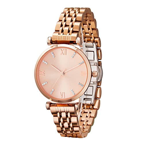 TIME100 Uhr Damen Elegant Quarzwerk Rosegold Zifferblatt Kristalle Ziffer Edelstahl Gehäuse Armband Wasserdicht (Rosegold) von TIME100