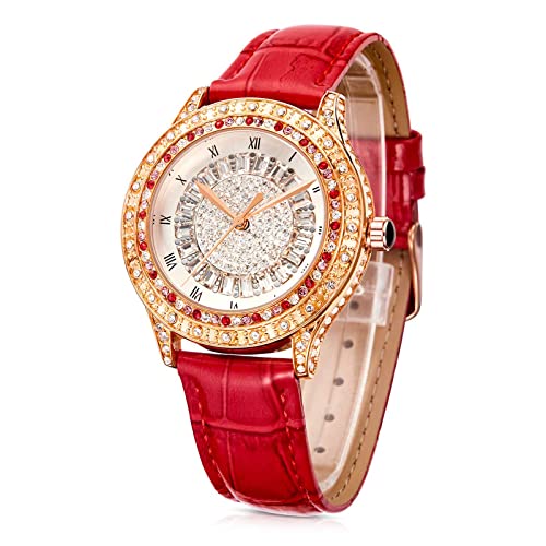 TIME100 Uhr Damen Elegant Modisch mit Kristallen Edelstahl Stilvoll Goldenes Gehäuse Edel mit Blauem Zifferblatt und Römischen Ziffern Wasserdicht (Rot) von TIME100