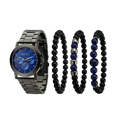 TIME100 Herren Armbanduhr und Armband Set Premium Quarzuhr Geschenkset mit stapelbaren Perlenarmbändern 3ATM Wasserdicht Uhr Geschenksets für Männer Stilvoll für Business und Freizeit,blau von TIME100