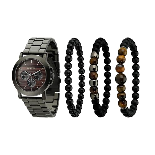 TIME100 Herren Armbanduhr und Armband Set Premium Quarzuhr Geschenkset mit stapelbaren Perlenarmbändern 3ATM Wasserdicht Uhr Geschenksets für Männer Stilvoll für Business und Freizeit (Braun) von TIME100