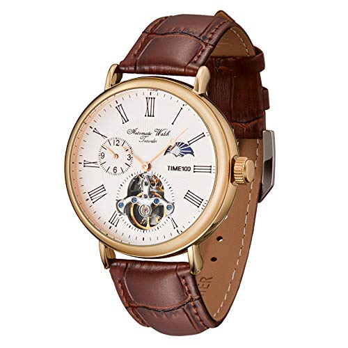 TIME100 Herren Automatikuhr Navigator-Serie Tourbillon-Stil Dual Zeitzone Business Kalender Mechanische Uhr Lederband, Goldweiß von TIME100