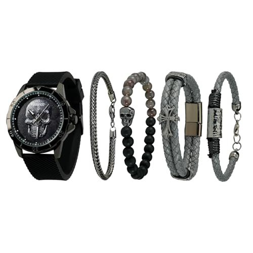 TIME100 Herren Totenkopf Uhr mit stapelbaren Armband Set, Silikonband von TIME100