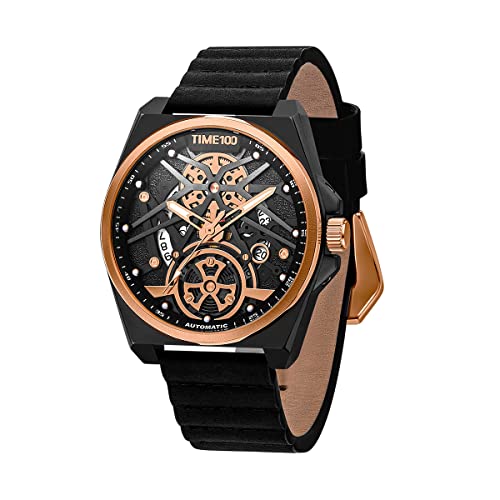 TIME100 Herrenuhr Mechanische Uhr Knochen Sportuhr für Herren Lederarmband Automatische Uhr Zifferblatt aus Edelstahl Wasserdicht von TIME100