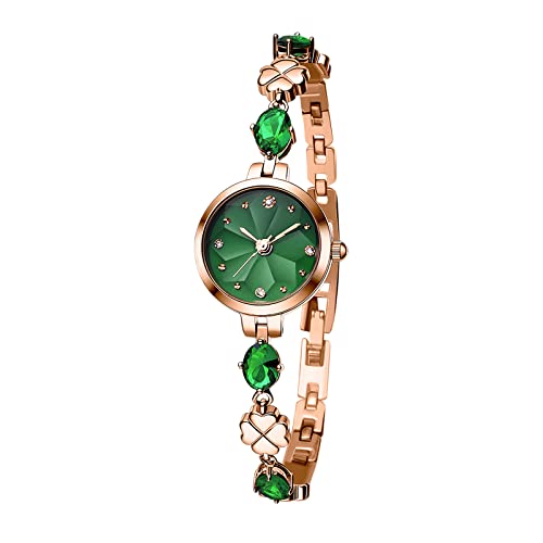 TIME100 Uhr Damen Analog Quarz Armbanduhr Glücksblatt Elegant Luxuriös Vergoldet Edelstahl Schlicht Armreif Modisch Jade Zifferblatt Rosegold von TIME100