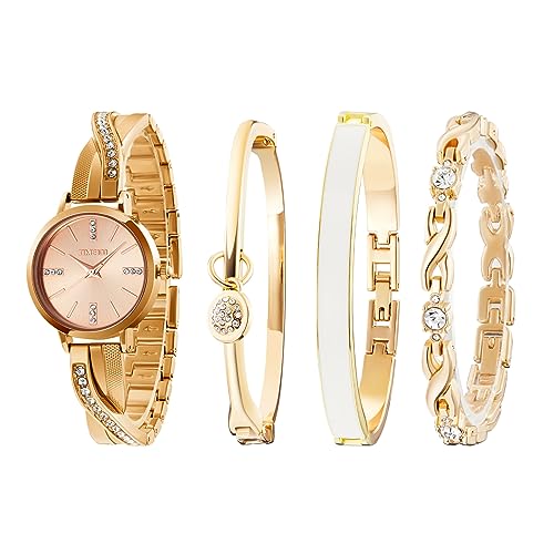 TIME100 Uhr Damen Analog Set Elegant Kette und Reif Dress Watch Verstärkt Kristallglas Minimalistisch Diamant Ziffer Ideal Accessoir (Gold) von TIME100