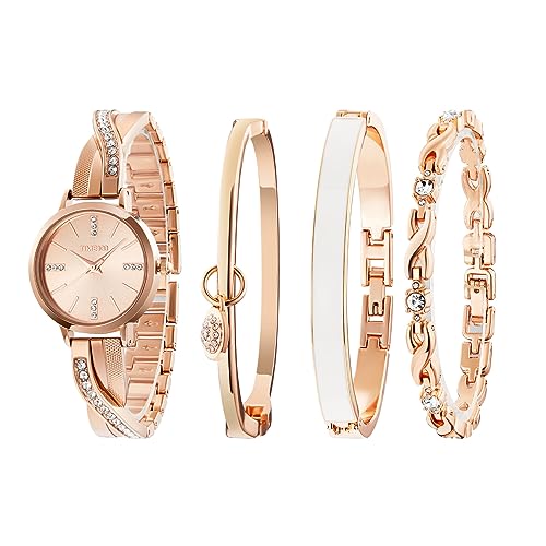 TIME100 Uhr Damen Analog Set Elegant Kette und Reif Dress Watch Verstärkt Kristallglas Minimalistisch Diamant Ziffer Ideal Accessoir (Roségold) von TIME100