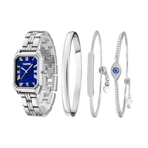 TIME100 Uhr Damen Analog Set Rechteckig Elegant Edelstahl Kette Accessoir Dress Watch Fashion Kollektion Silber Armband Blau Zifferblatt Minimalistisch Römisch Ziffer (Silber) von TIME100