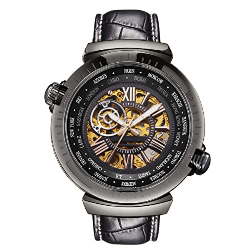 TIME100 Uhr für Herren Mechanische Skelett Herren Armbanduhren Echtes Leder Wasserdicht, Schwarz… von TIME100