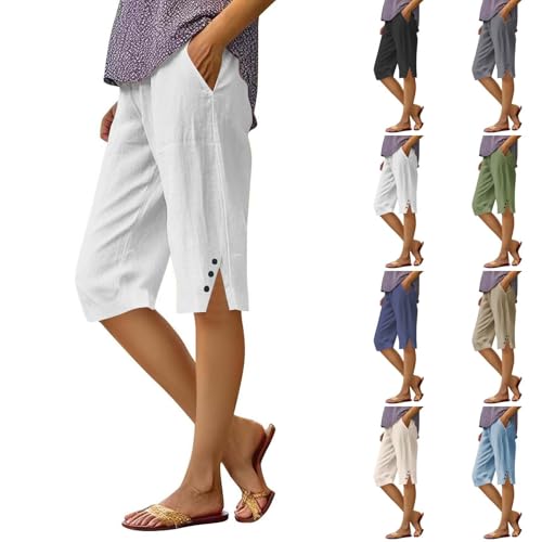 Bermuda Shorts Damen Knielang Weite Leinenshorts Musselin Kurze Hose High Waist Baggy Damenshorts Leichte Atmungsaktiv Strandshorts Sommer Lockere Passform Leinenshorts Mit Kordelzug und Taschen von TIMELYE