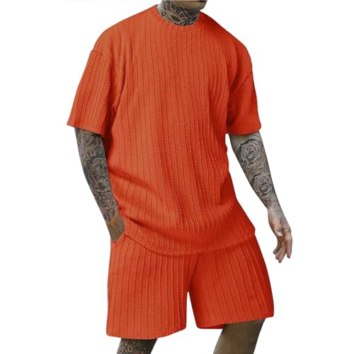 Generic Angebote des Tages Heute Herren Herren Sommer Outfit Herren Klamotten Sommer Retro Weich Herren Jogginganzug Locker Passform Jogginganzug Herren Set Leinen Hemd Herren(Orange,M) von TIMELYE