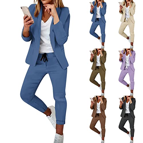 Hosenanzug Damen Business Streetwear Blazer Und Anzughose Zweiteiler Sommer Lang Lounge Set Langarm Top Oberbekleidung Elegant Jogginganzug (1-Blue, XXL) von TIMELYE