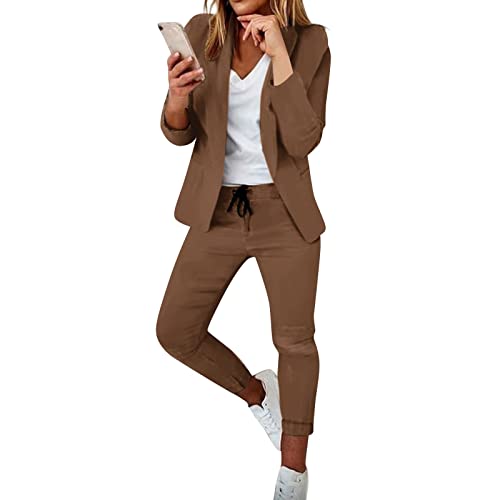 Hosenanzug Damen Festlich Freizeitanzug Zweiteiler Damen Sommer Hose Und Top Blazer Und Anzughose Einfrabige Anzugjacke Trainingsanzug Sport Set Damen Fitness Bekleidung Oberbekleidung（1-Brown，XL） von TIMELYE