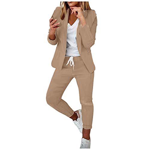 TIMELYE 90er Jahre Outfit Damen Sportlich Blazer Und Anzughose Elegantes Outfit Damen Komplett Anzugjacke Festlich Partykleidung Jogginganzug Damen-Blazer Sportlich-Elegant Freizeitanzug（2-Khaki，S） von TIMELYE