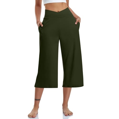 TIMELYE Damen Caprihose 3/4 Freizeithose Outdoor Leichte Sporthose Lockere Traininghose Indoor Yogahose Weites Bein Elastischer Bund Tasche für Casual, Yoga, Fitness von TIMELYE